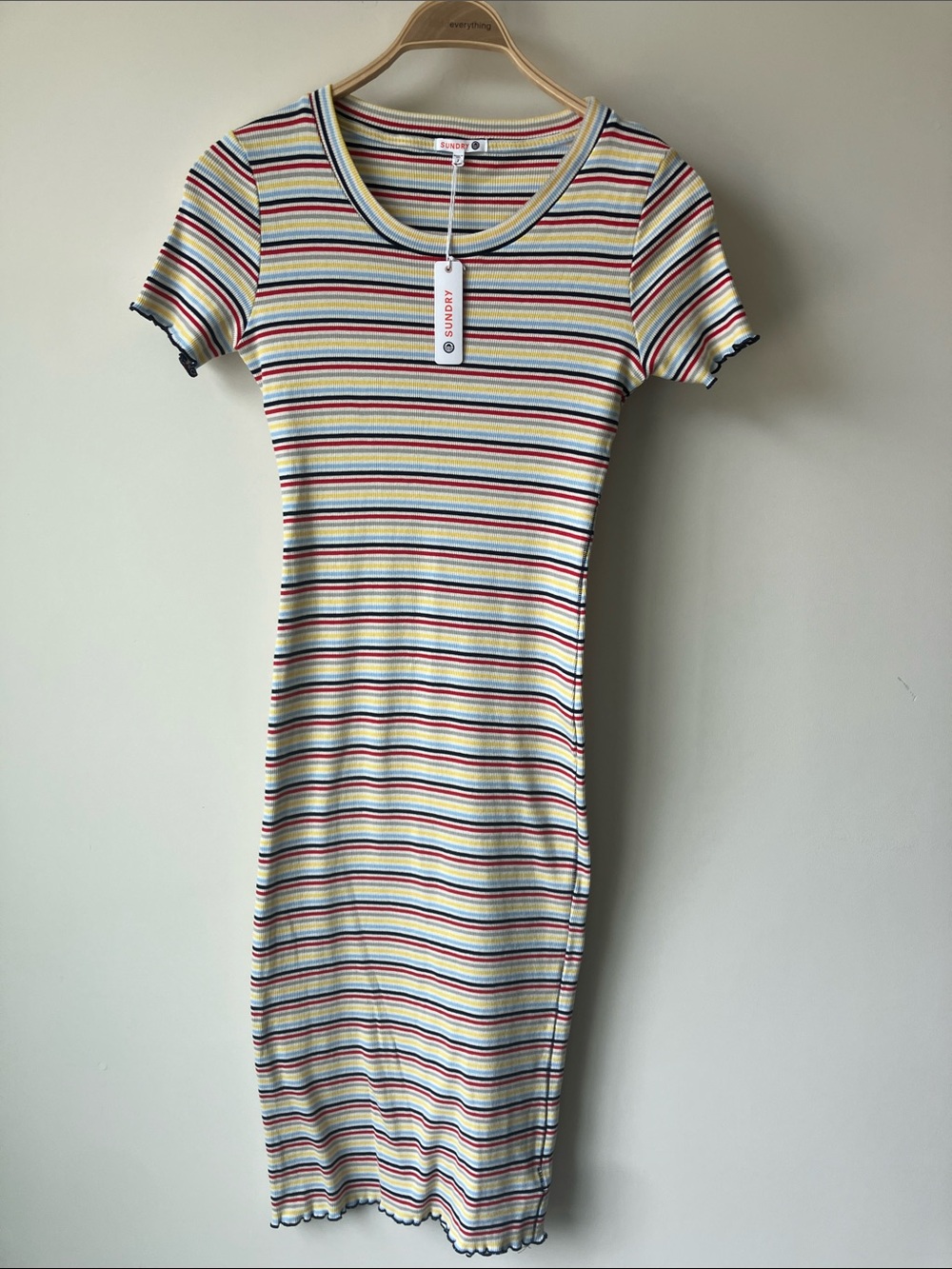 SUNDRY Ribbed Midi Tee Dress White/Red/Black/Blue/Grey/Yellow Stripes Size M NWT